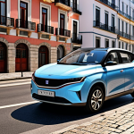 Geely Geometry E in a City Scene**

Prompt: *A modern Geely Geometry E electric car driving through a bustling city street in Lisbon, Portugal. Focus on the car's sleek design and compact size, highlighting its suitability for urban environments. Include traditional Portuguese architecture in the background.*

**