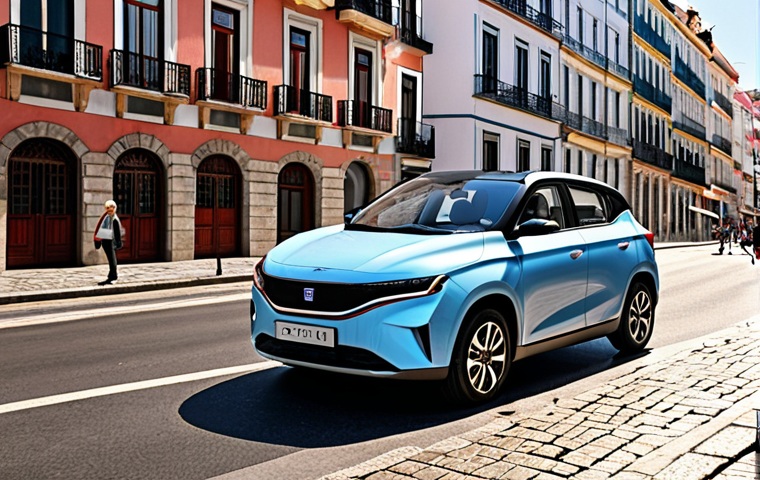 Geely Geometry E in a City Scene**
Prompt: *A modern Geely Geometry E electric car driving through a bustling city street in Lisbon, Portugal. Focus on the car's sleek design and compact size, highlighting its suitability for urban environments. Include traditional Portuguese architecture in the background.*
**