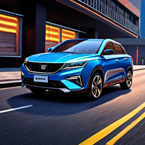 Home 7 **
Prompt: "Geely Coolray, dynamic angle, sporty exterior design, showcasing sharp lines, sleek headlights, chrome grille details, modern aesthetic, vibrant color, urban background."
**