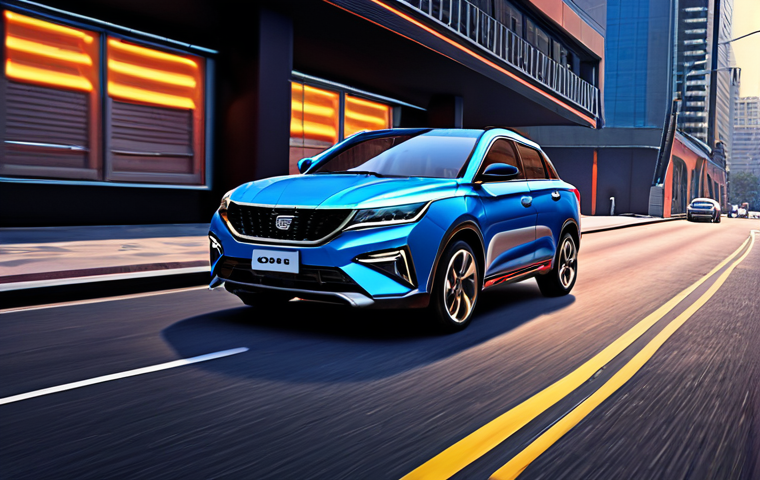 **
Prompt: "Geely Coolray, dynamic angle, sporty exterior design, showcasing sharp lines, sleek headlights, chrome grille details, modern aesthetic, vibrant color, urban background."
**